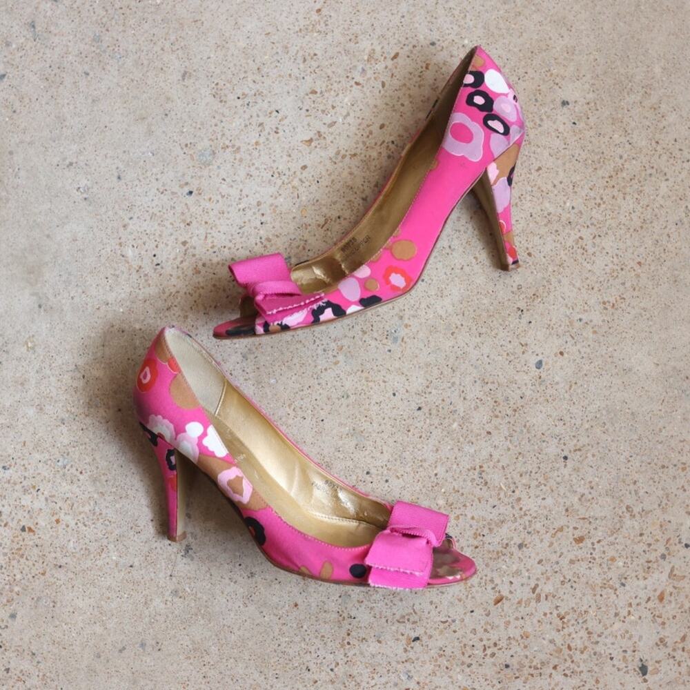 J.Crew Pink Floral Bow Peep Toe Heels Size 9 Italian Made Y2K Coquette - Picture 1 of 5